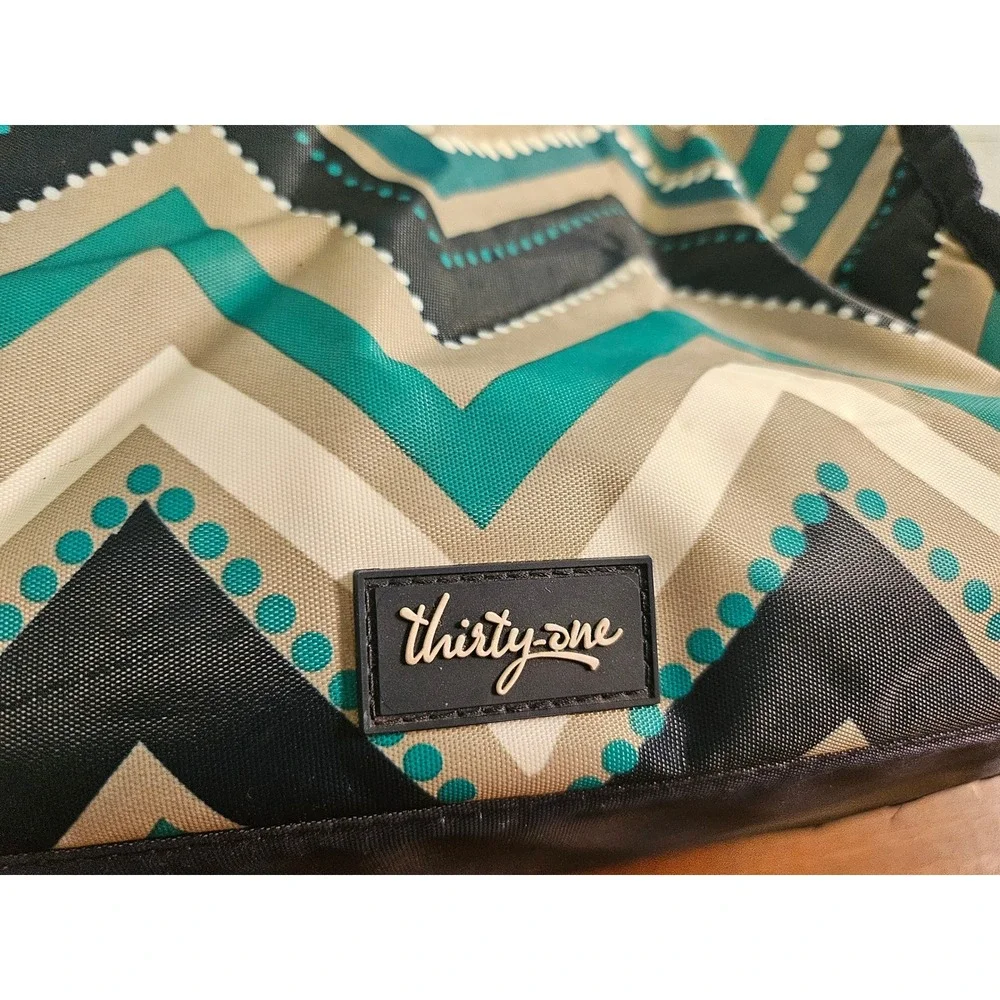 Thirty-One Picnic Thermal Tote Bag Teal Navy Chevron Insulated Shoulder Strap